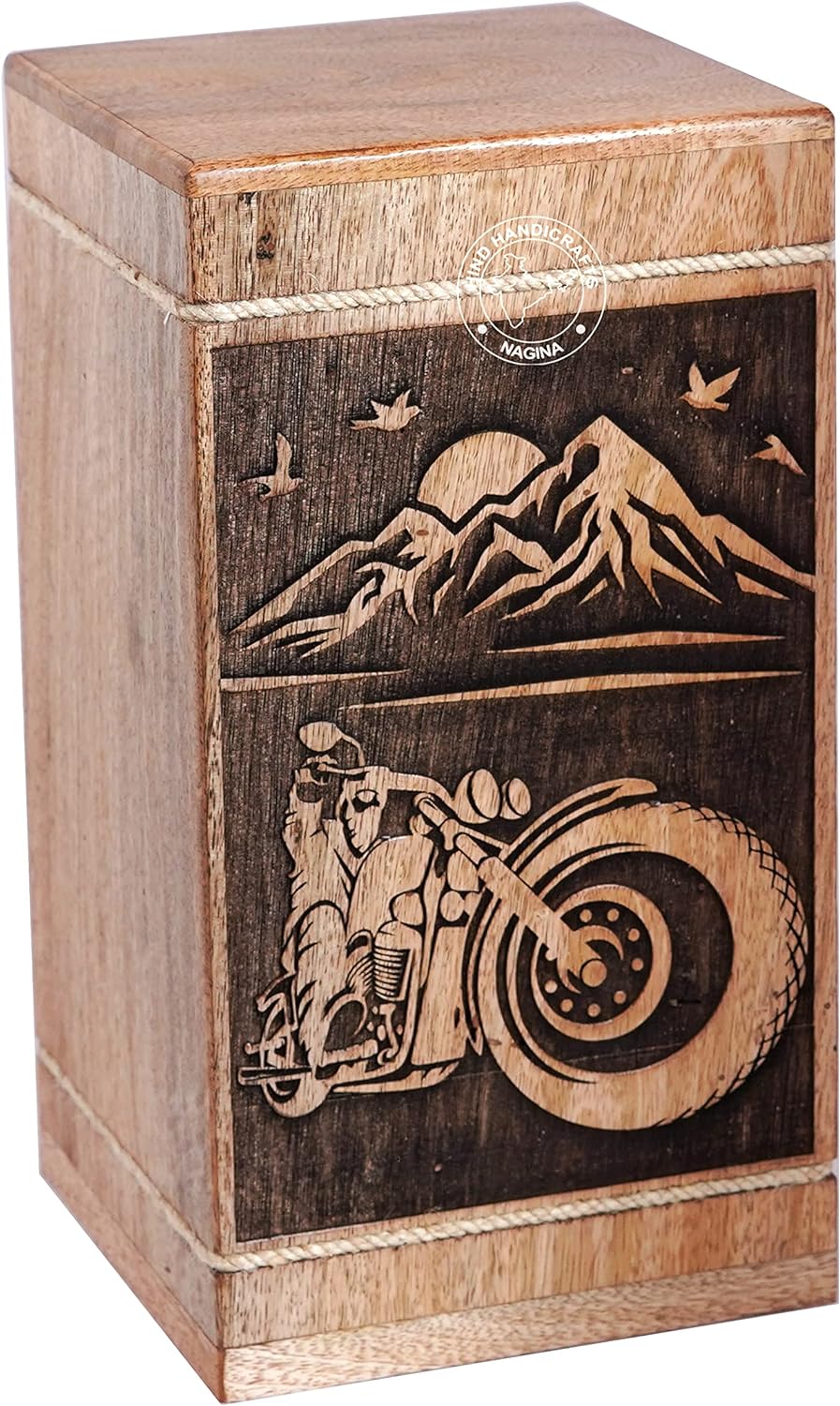 HIND HANDICRAFTS Handgefertigte BikerHolzurne für menschliche Asche für Erwachsene, gross – Berg auf