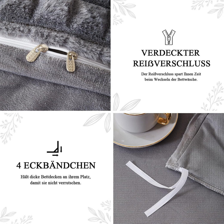 Tospass Plüsch Bettwäsche 200x200 cm 3 Teilig Winter Kaninchenfell Samt Bettwäsche Fleece Biber Grau