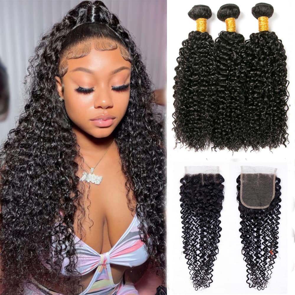 LOVFIR Echthaar-Bündel Curly Human Hair Bundles with Closure Kinky Weave Unprocessed Brazilian 3 4x4