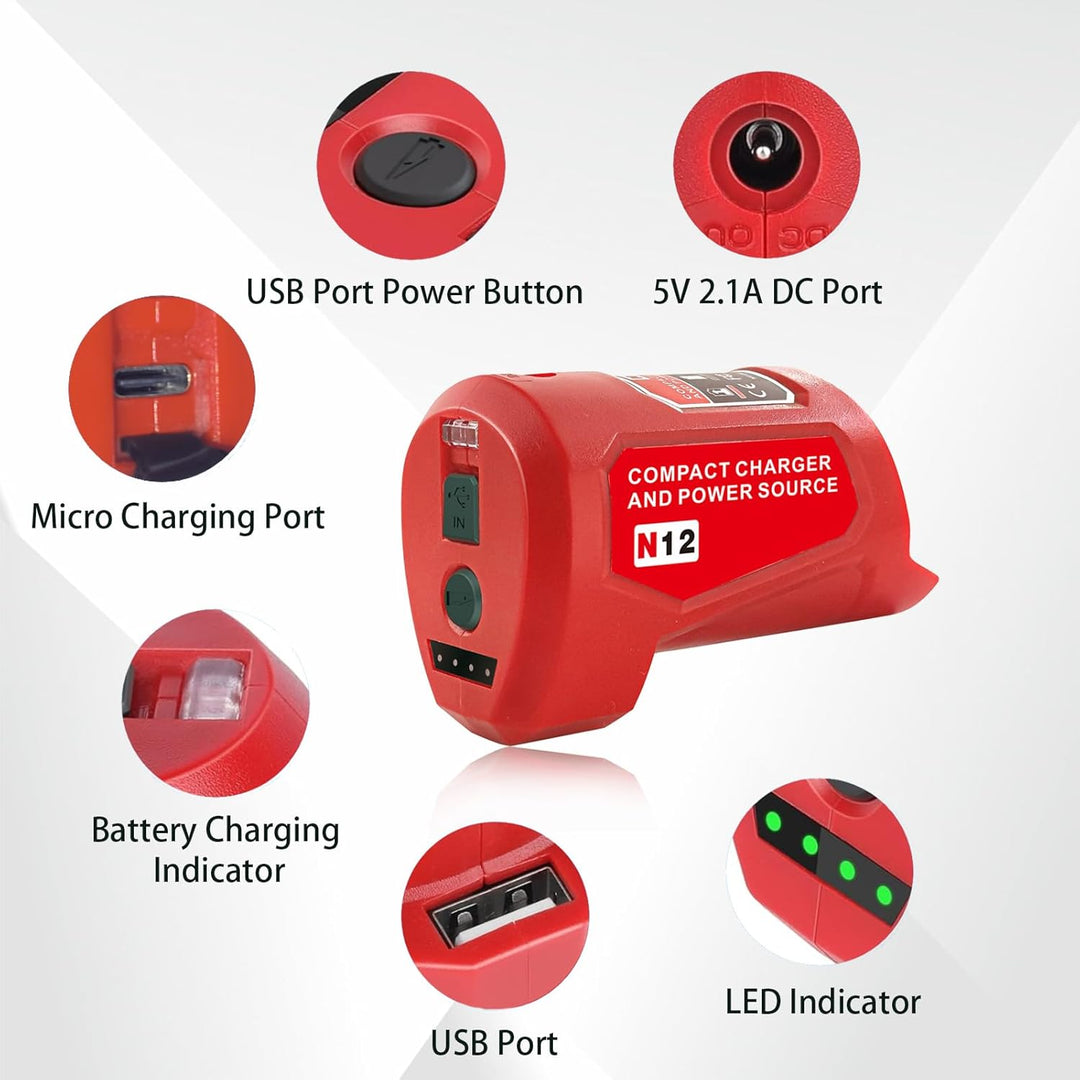 Upgrade für M12 USB Power Source Ladegerät Adapter, für Milwaukee 12V Akku, Typ-C Eingang, USB Ausga