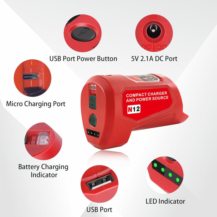 Upgrade für M12 USB Power Source Ladegerät Adapter, für Milwaukee 12V Akku, Typ-C Eingang, USB Ausga