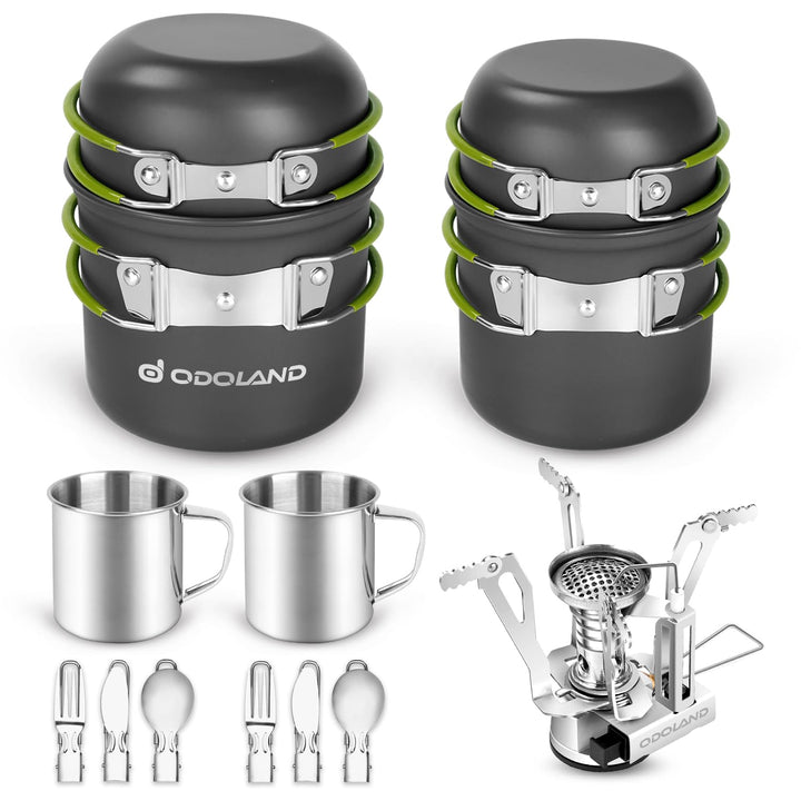 Odoland Camping Geschirr Set 16 PCS für 2 Personen Outdoor Kochgeschirr aus Aluminium und Edelstahl