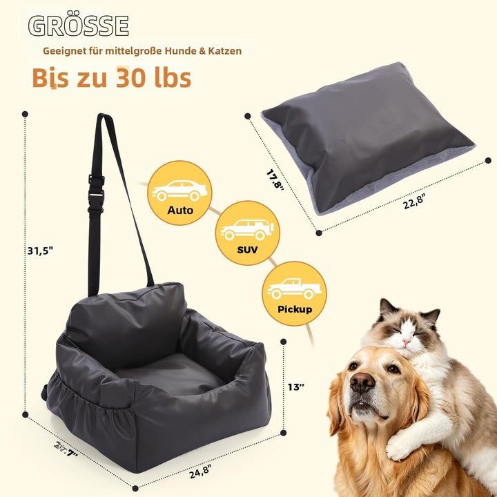 PETEPELA Kunstleder Hundeautositz 63 × 55 × 33 cm mit stabil Sicherheitsgurt Weich Hunde Sitzerhöhun