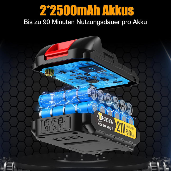 Conentool 21V Bürstenlos Akkuschrauber Set, Akku bohrschrauber mit 2x 2500mAh Akkus, 55 N.m Max schl