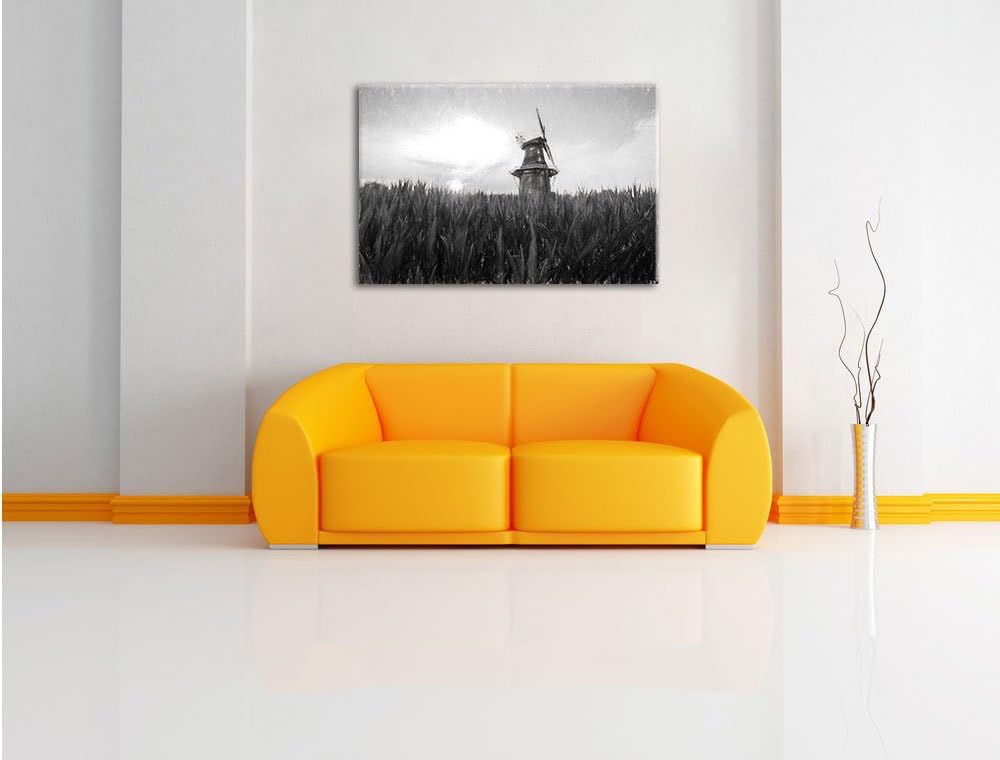 Pixxprint schöne Windmühle auf Dem Feld Kunst Kohle Effekt, Format: 100x70 auf Leinwand, XXL riesige