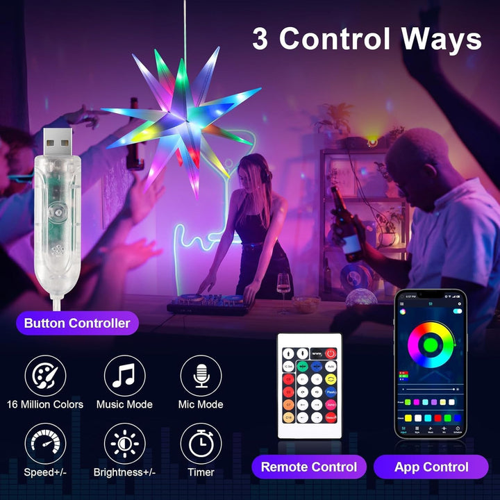 3D LED Leuchtstern Garten, Weiss LED inkl. Warm & Colorful LED Beleuchtung with Remote Control Star