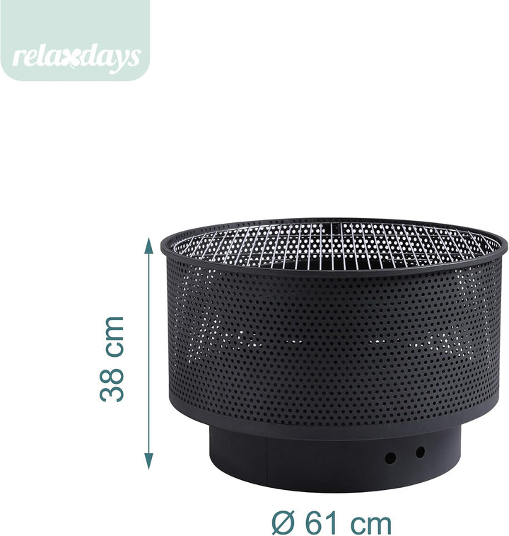 Relaxdays Feuerschale, Ø 61 cm, mit Grillrost, Funkenschutz &amp; Schürhaken, 3 in 1 Feuerstelle Garten,