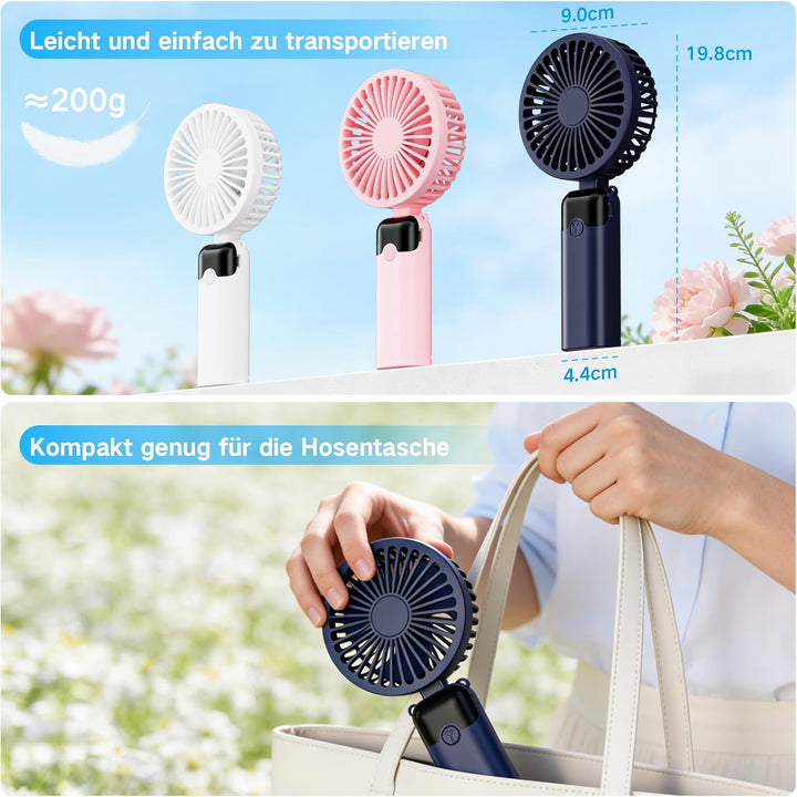 Handventilator, Tragbarer Mini Ventilator mit 4000mAh Akku, 6 Geschwindigkeitsstufen, 90° Faltbar Ha