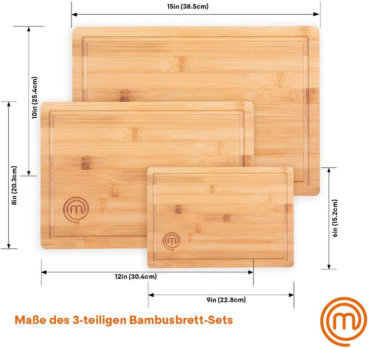 MasterChef Schneidebretter Holz, Schneidebrett Set mit Bambus Schneidebrett Gross 38cm x 27,5cm, Mit