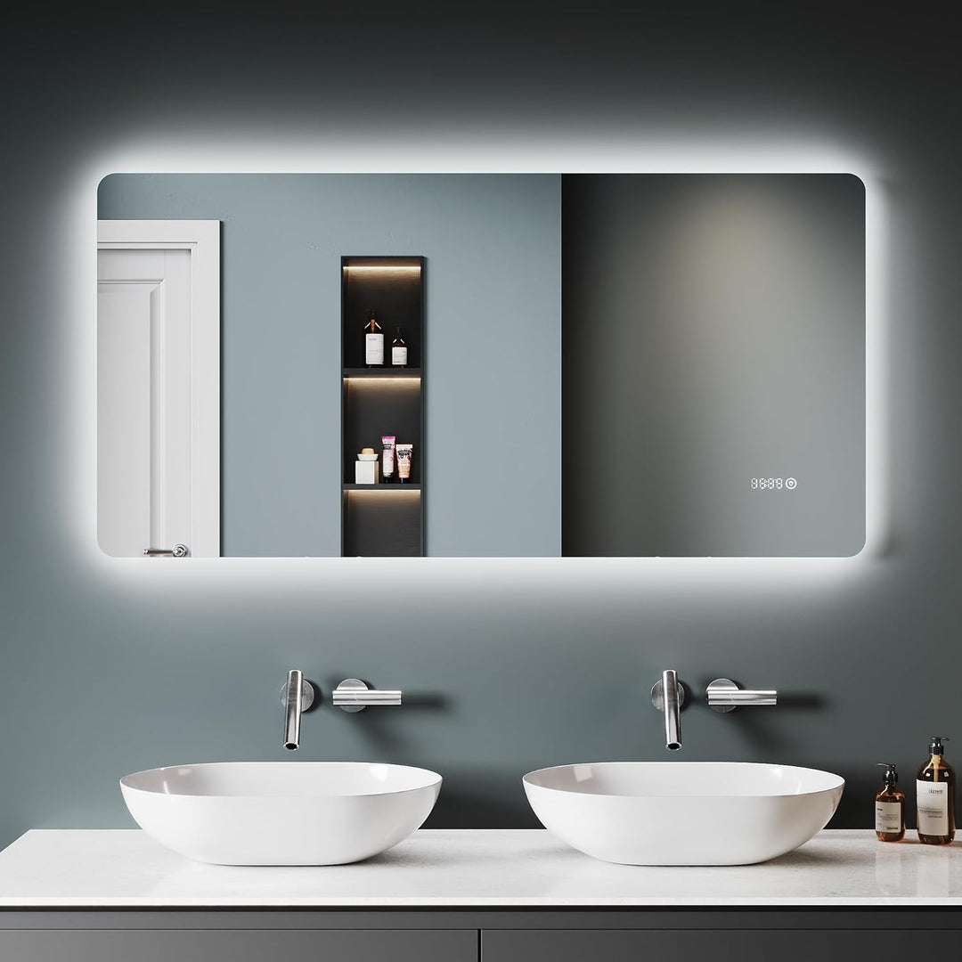 SONNI Badspiegel mit Beleuchtung 120×60 cm Uhr Temperaturanzeige LED Badspiegel mit Touchschalter Ba