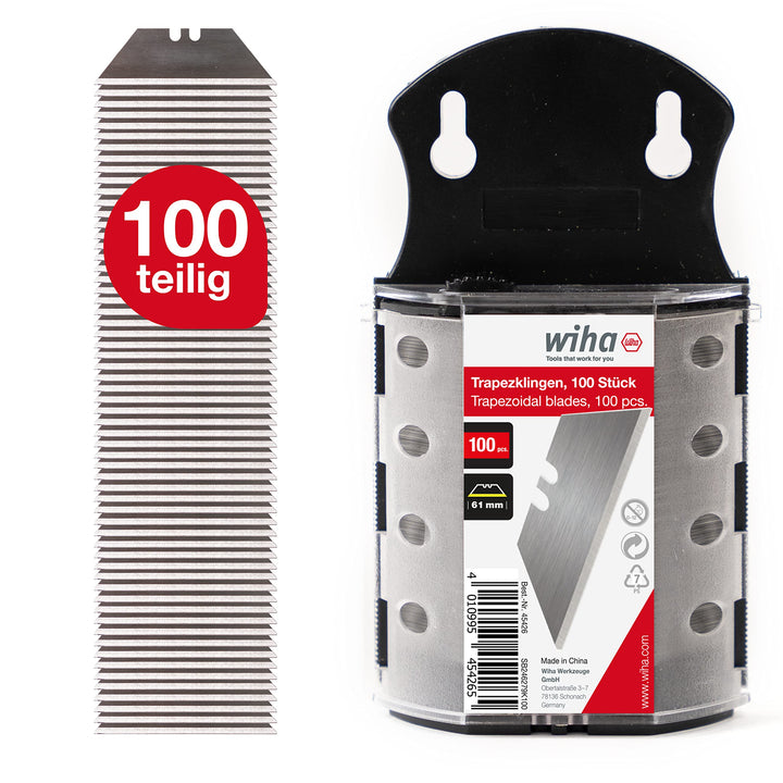 Wiha Trapezklingen Set 100 tlg. I Ersatzklingen extra scharf für Cuttermesser I sicher verstaut in e