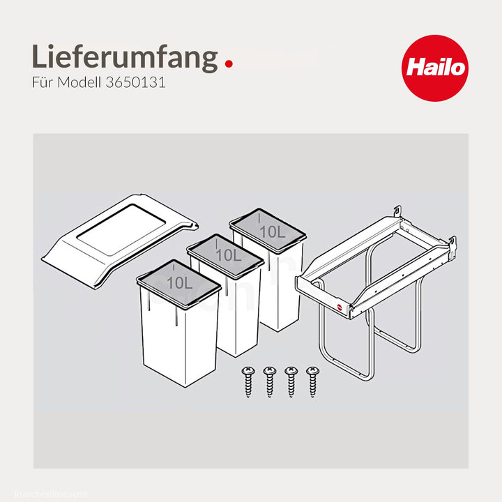 Hailo Abfallsammler Tandem | Einbau-Mülleimer | für Schränke ab 300 mm Breite | Bequemer Handauszug