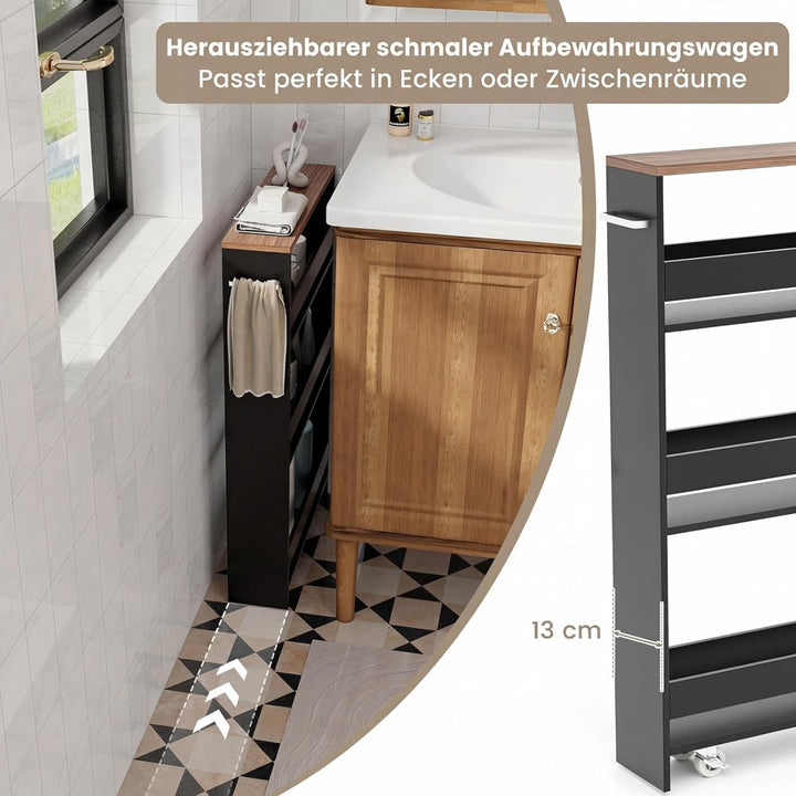 COSTWAY Nischenwagen 13cm breit, 4 Etagen Küchenwagen schmal, Nischenregal auf Rollen, Servierwagen