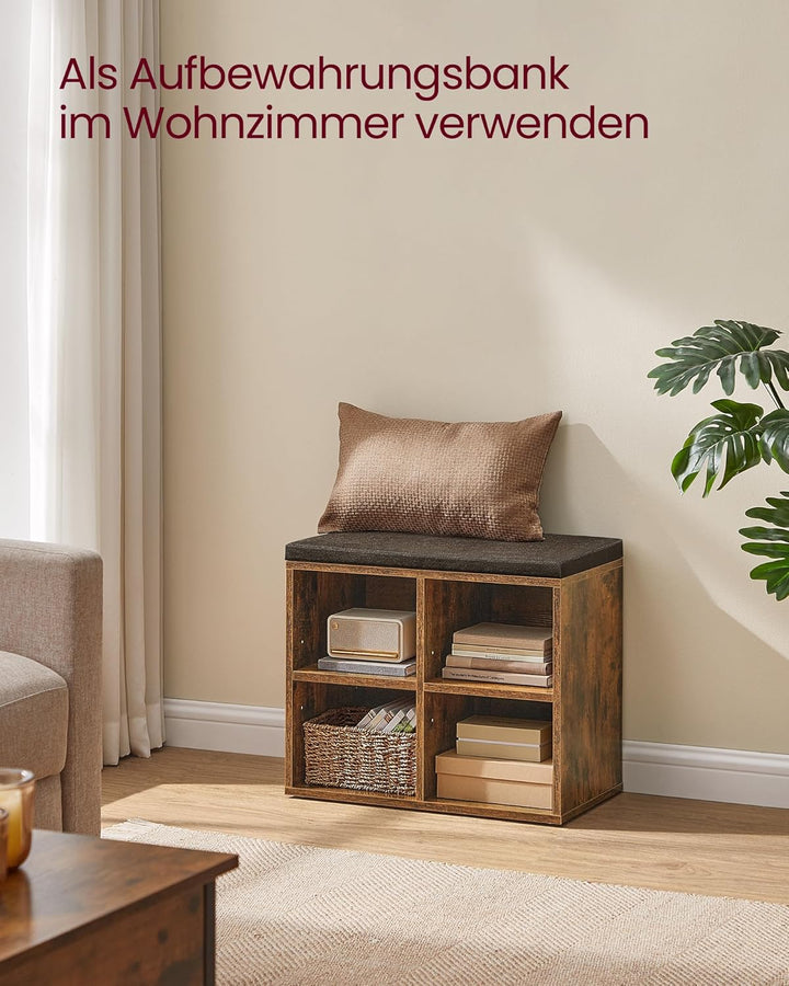 VASAGLE Schuhbank, Schuhregal mit Sitzfläche, Sitzbank mit Stauraum, Kissen, 4 Fächer, verstellbare