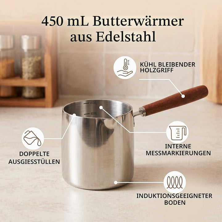 450 Ml Edelstahl-Butterwärmer, Mini-Kaffee-Milchtopf, Kleiner Topf mit Ausgiesser, Deckel, Pfannenau