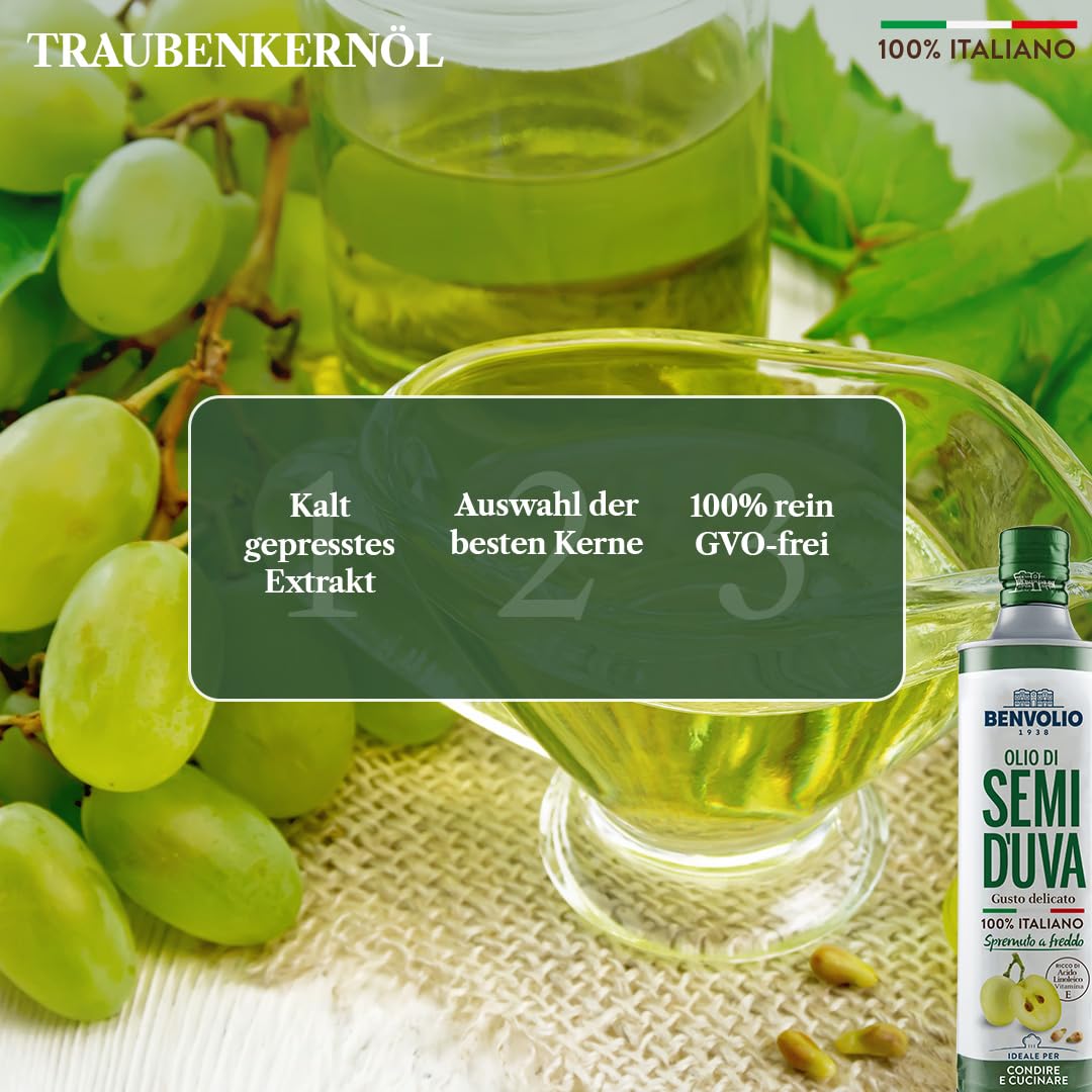 Traubenkernöl Kaltgepresst 100% Italienische - Benvolio 1938 750 ml - Reich an Vitamin E und Omega 6