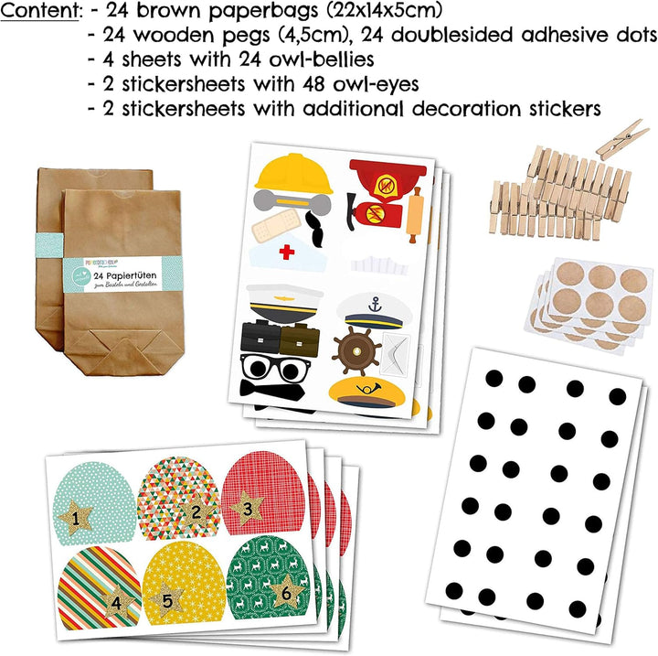 Papierdrachen DIY Adventskalender zum Befüllen - Weihnachtseulen - Eulen Weihnachten - Set Gelb Bunt