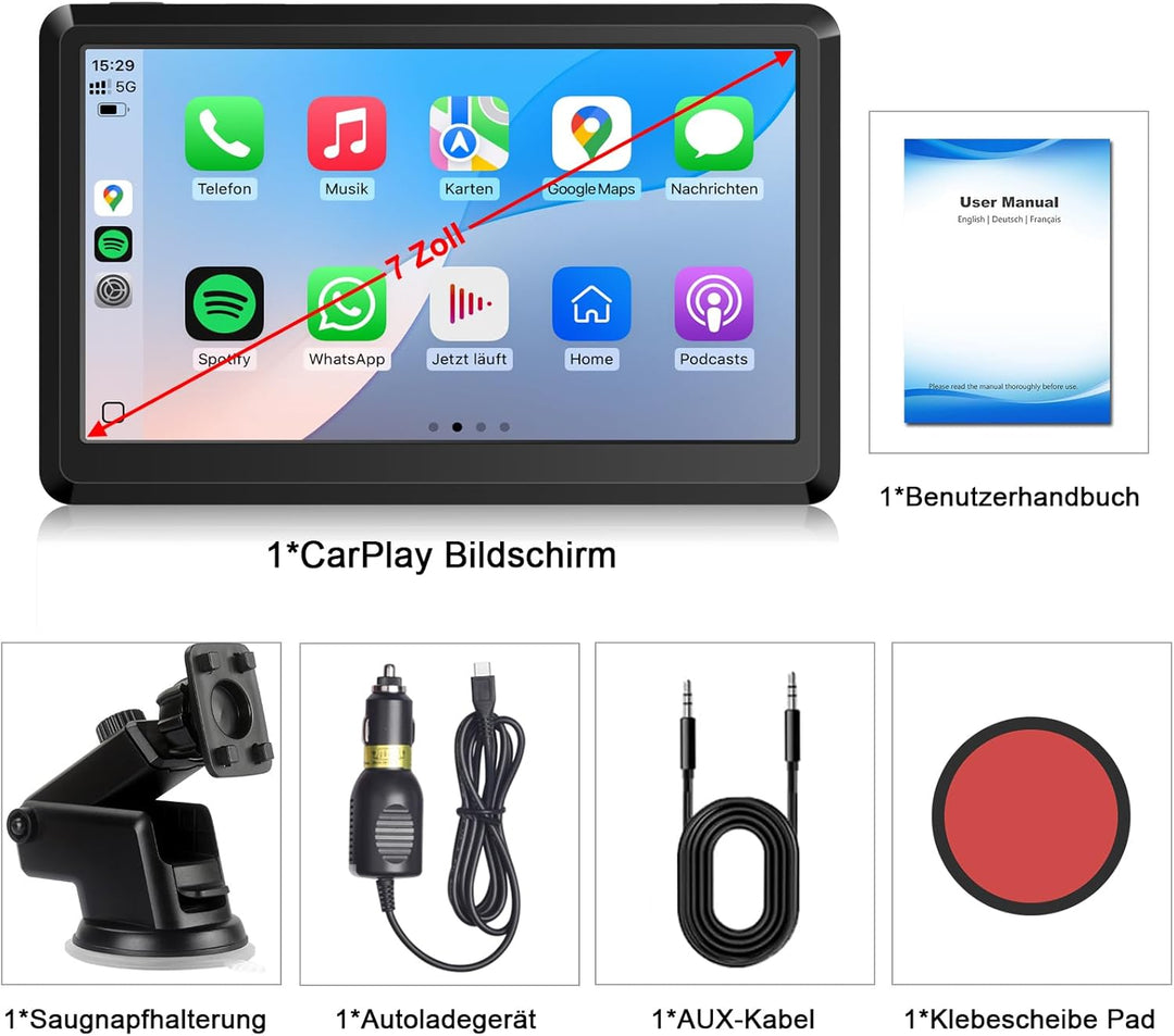 CarPlay Bildschirm, Wireless Android Auto Display mit 7 Zoll Touchscreen, Online Navigationsgeräte,