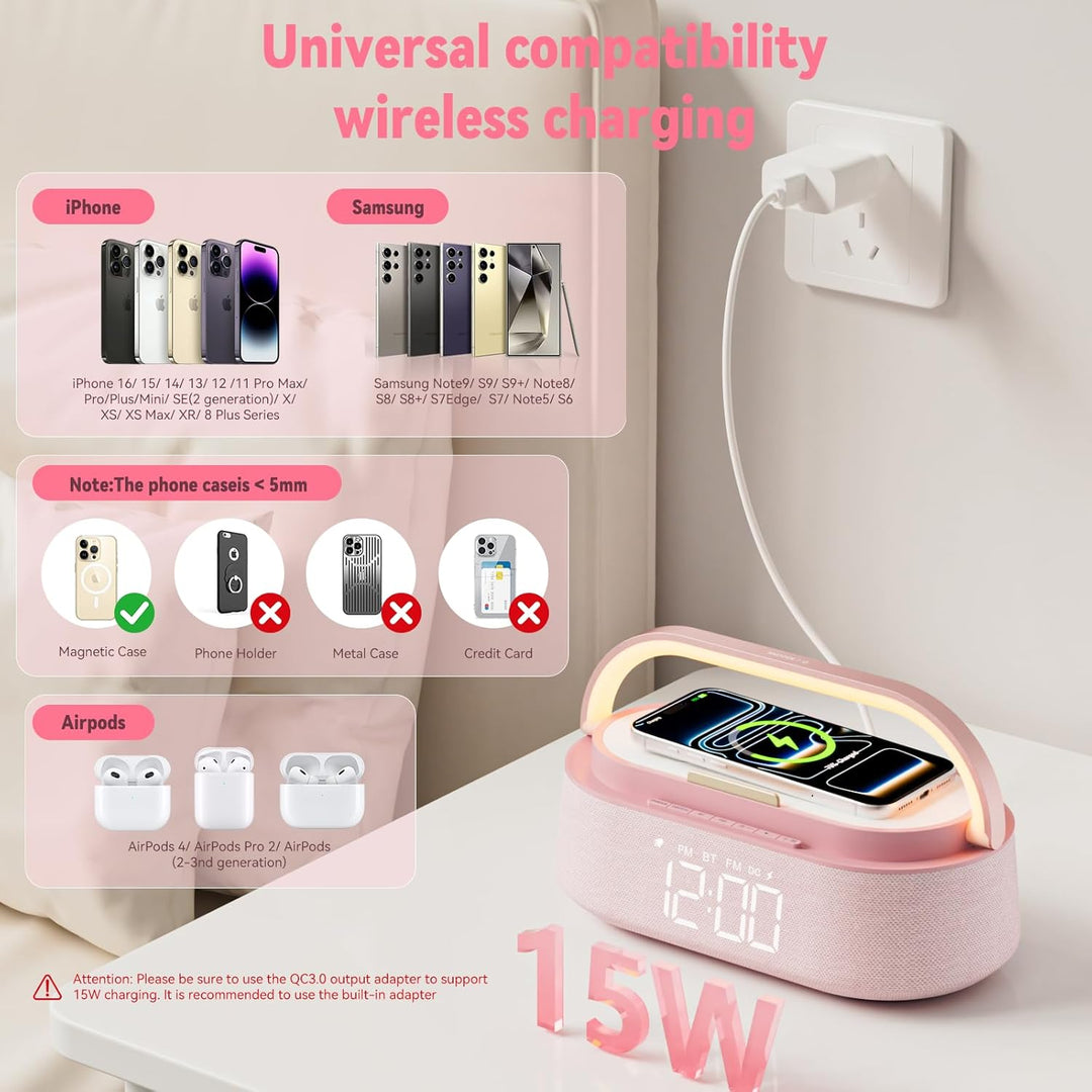 COLSUR Radiowecker Digital mit Wireless Charger, Bluetooth Lautsprecher Smart Wecker Schlummerfunkti