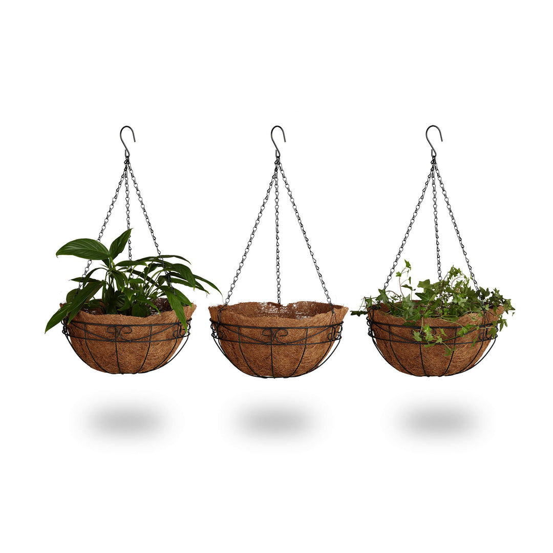 Relaxdays Blumenampel 3 Körbe, Kokos, 33 Liter Volumen, mit Kette, 35 cm Durchmesser als Hängeampel,