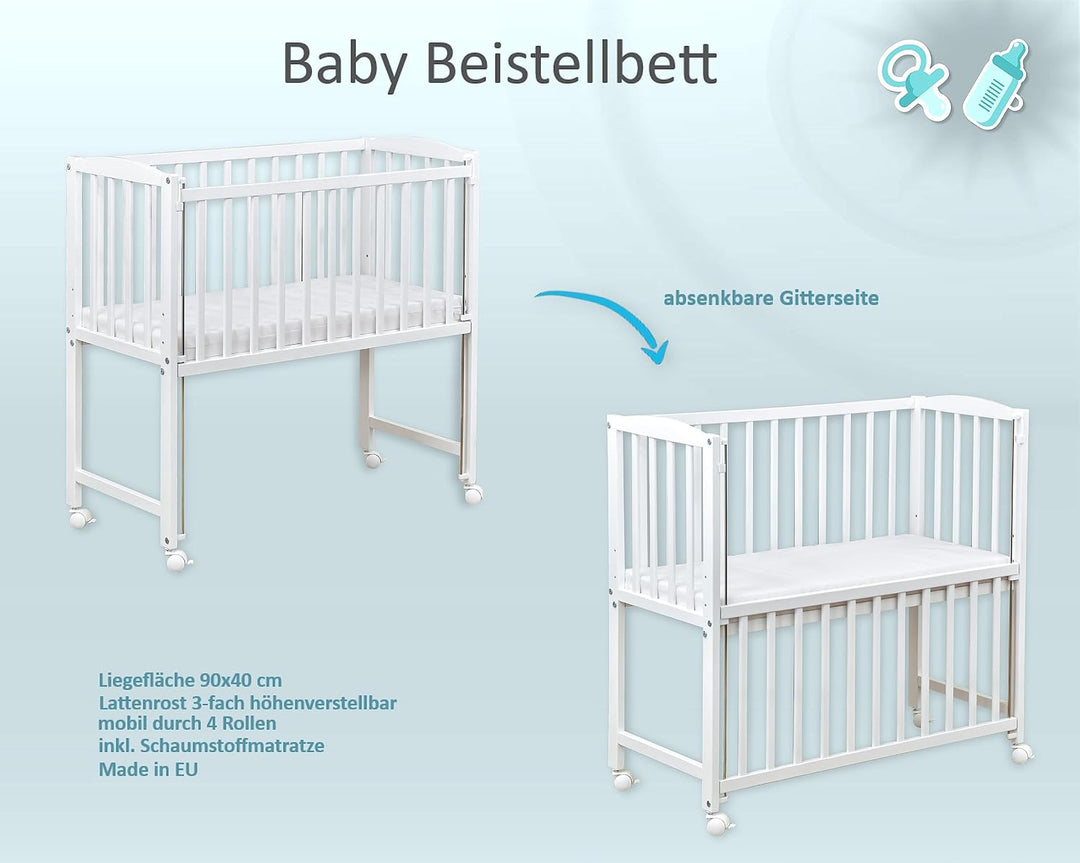 Generisch Baby Delux Beistellbett Babybett Stubenwagen weiss 90x40 mobil mit Rädern inkl. Matratze u
