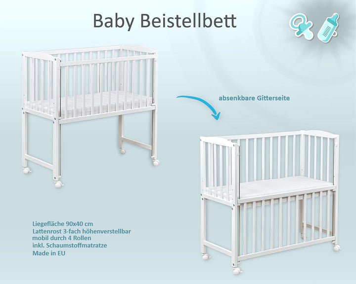 Generisch Baby Delux Beistellbett Babybett Stubenwagen weiss 90x40 mobil mit Rädern inkl. Matratze u