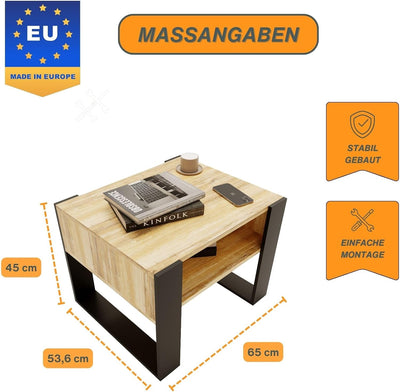 CraftPAK Wohnzimmer Tisch für Couch aus hochwertigem Holz, Stabiler & moderner Couchtisch mit zusätz