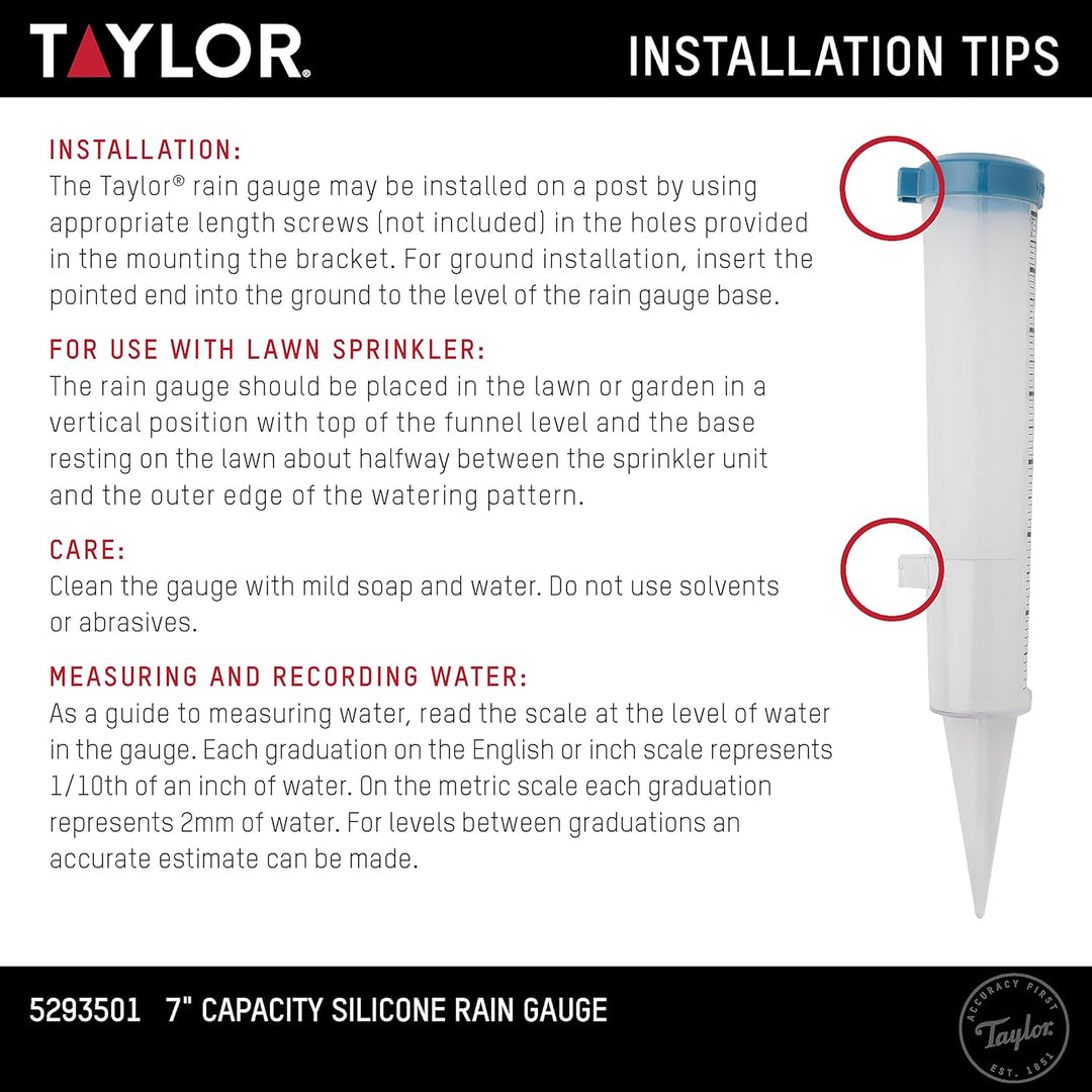 Taylor 17,8 cm Kapazität, leicht zu lesen, bruchsicher, Flexibles Silikon-Regenmesser, Pfostenhalter