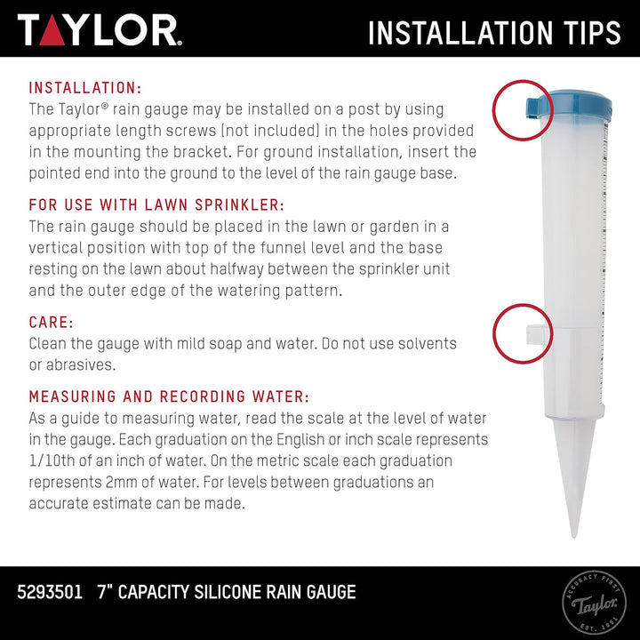 Taylor 17,8 cm Kapazität, leicht zu lesen, bruchsicher, Flexibles Silikon-Regenmesser, Pfostenhalter