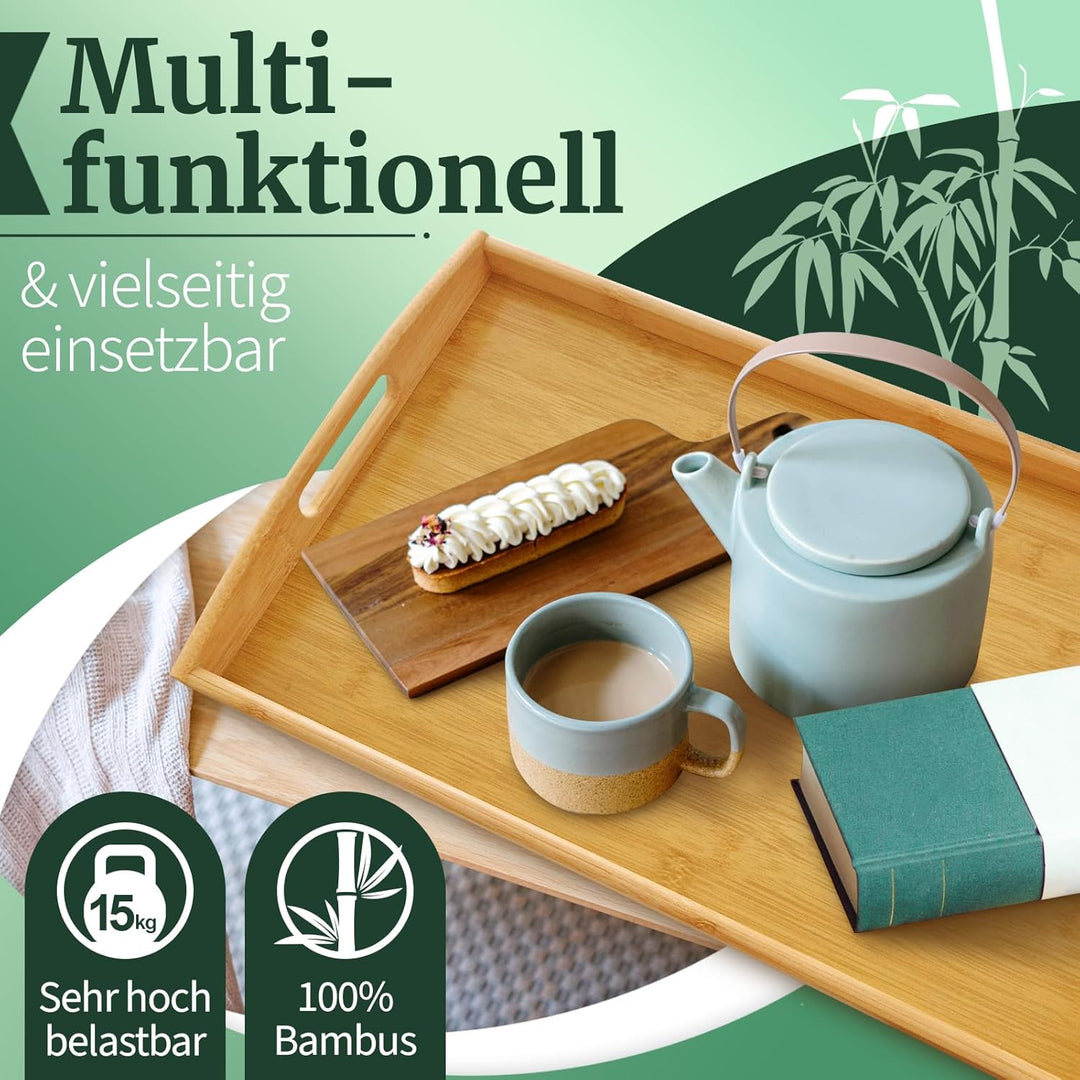 HEIMWERT Tablett Serviertablett Bambus Holz - besonders stabiles und leichtes Holztablett mit Griff