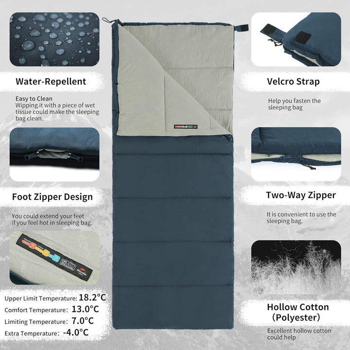 Naturehike Schlafsack für Erwachsene, Leichter Rechteckiger Spleissbarer 3 Jahreszeiten Schlafsack,