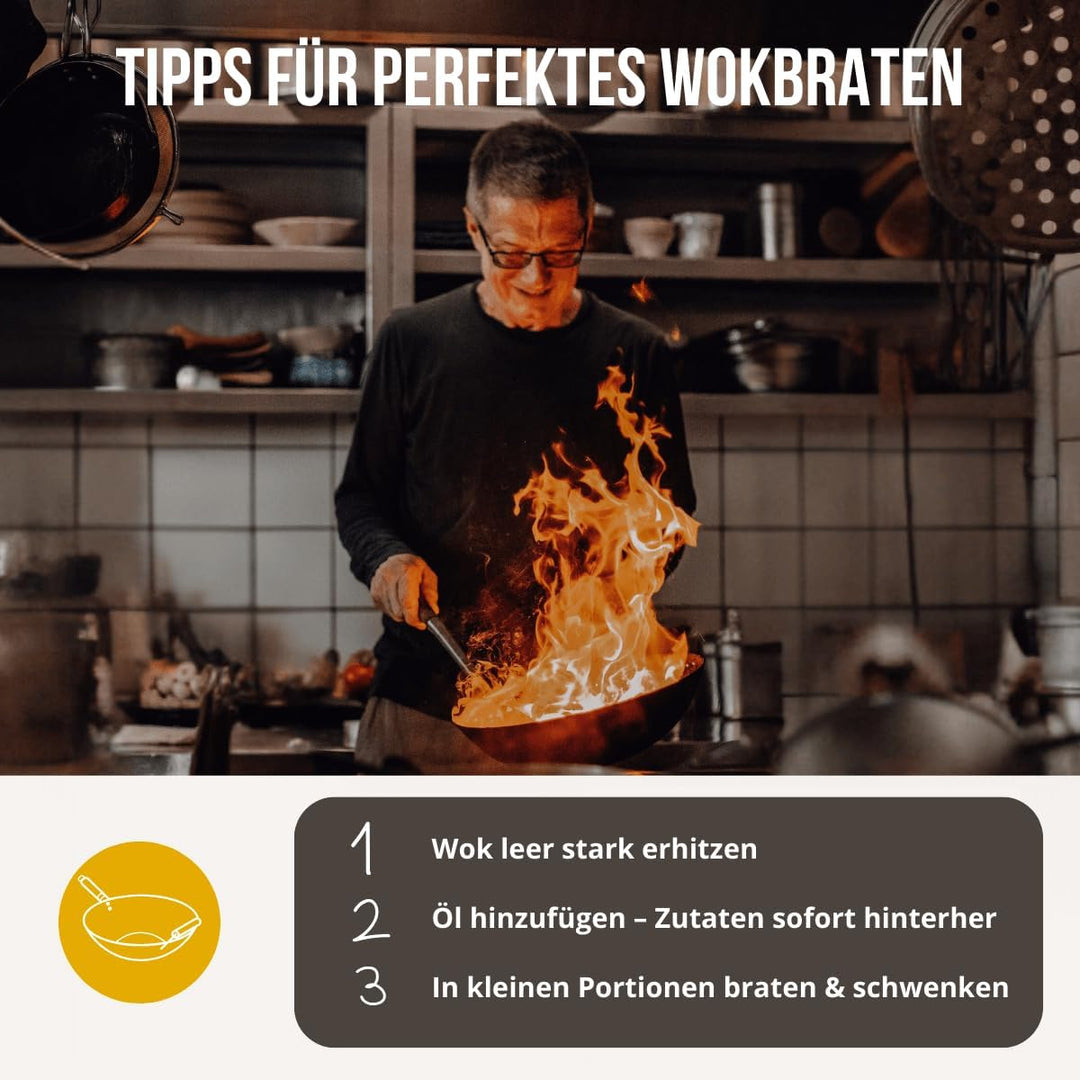 Der perfekte Wok, Ø 33cm – Robuster Carbonstahl-Wok mit flachem Boden - Holzgriff – Geeignet für Gas