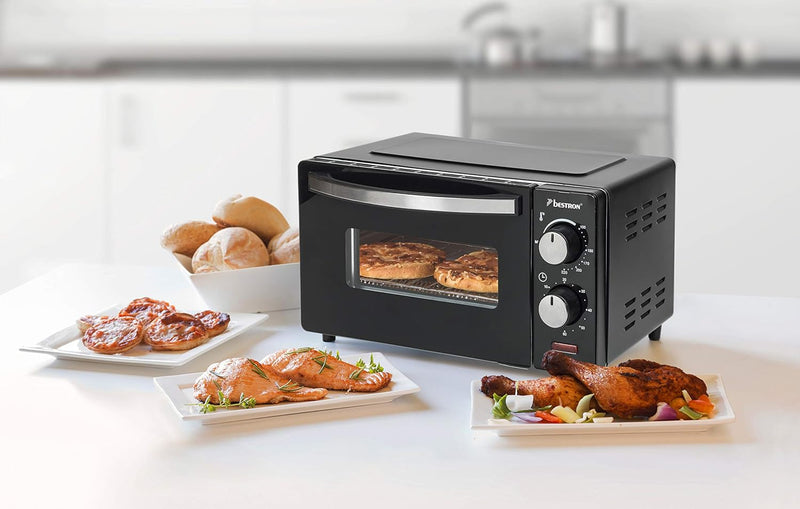 Bestron AOV9 Kompakter Mini-Backofen mit Ober-/Unterhitze, 9 Liter, 800 Watt, Schwarz 9 Liter