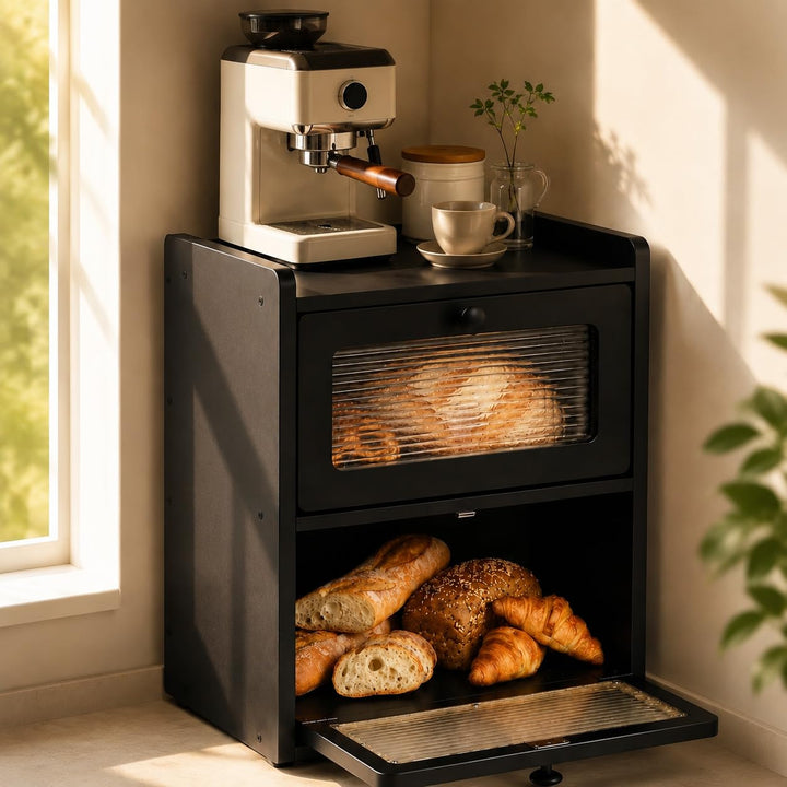 Brotkasten Schwarz 2 Etagen Grosse Brotbox aus Premium Holzwerkstoff (Antimuffa) Moderne Brotaufbewa