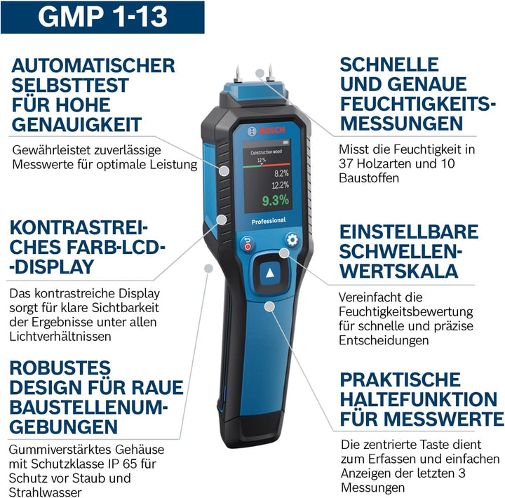 Bosch Professional Pin-Feuchtemessgerät GMP 1-13 (misst 37 Holzarten und 10 Baustoffe, Schutzklasse