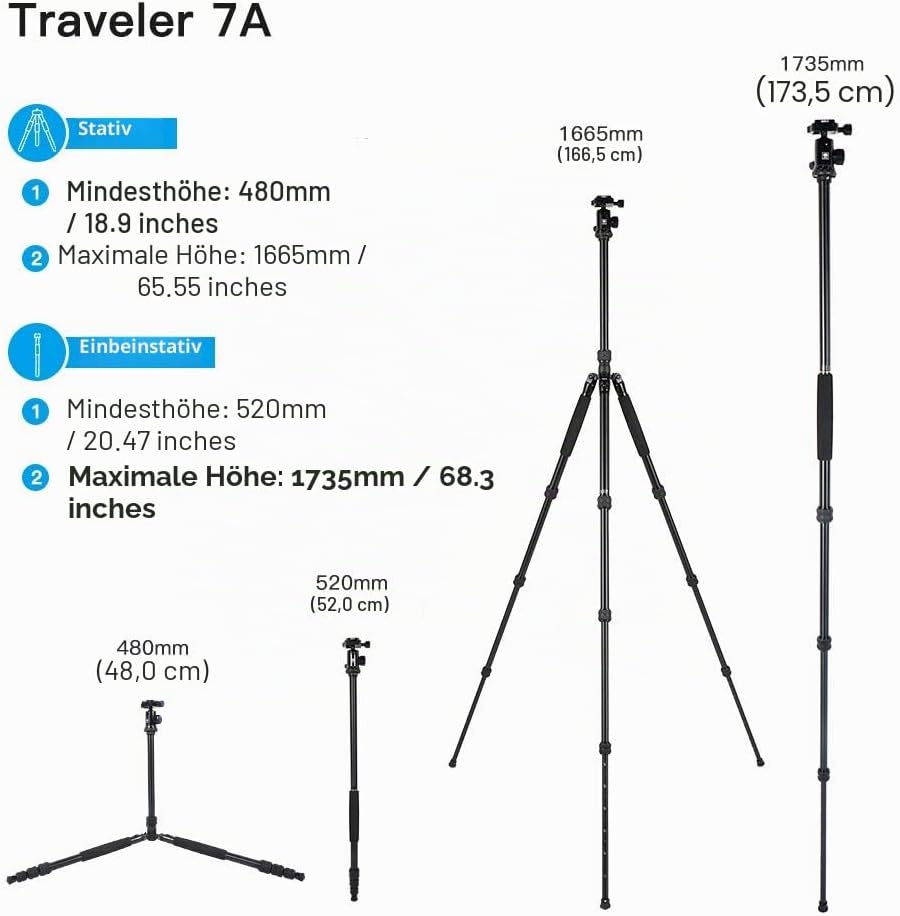 SIRUI Traveler 7A Reise-Dreibeinstativ Aluminium schwarz mit Kugelkopf Aluminum, Aluminum