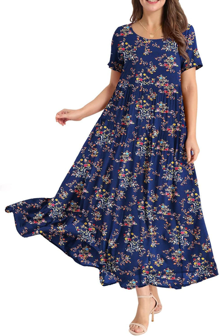 YESNO Damen Kleider Freizeit Lose Sommerkleid Lang Boho Maxikleid für Rundhals Strandkleid Blumenkle