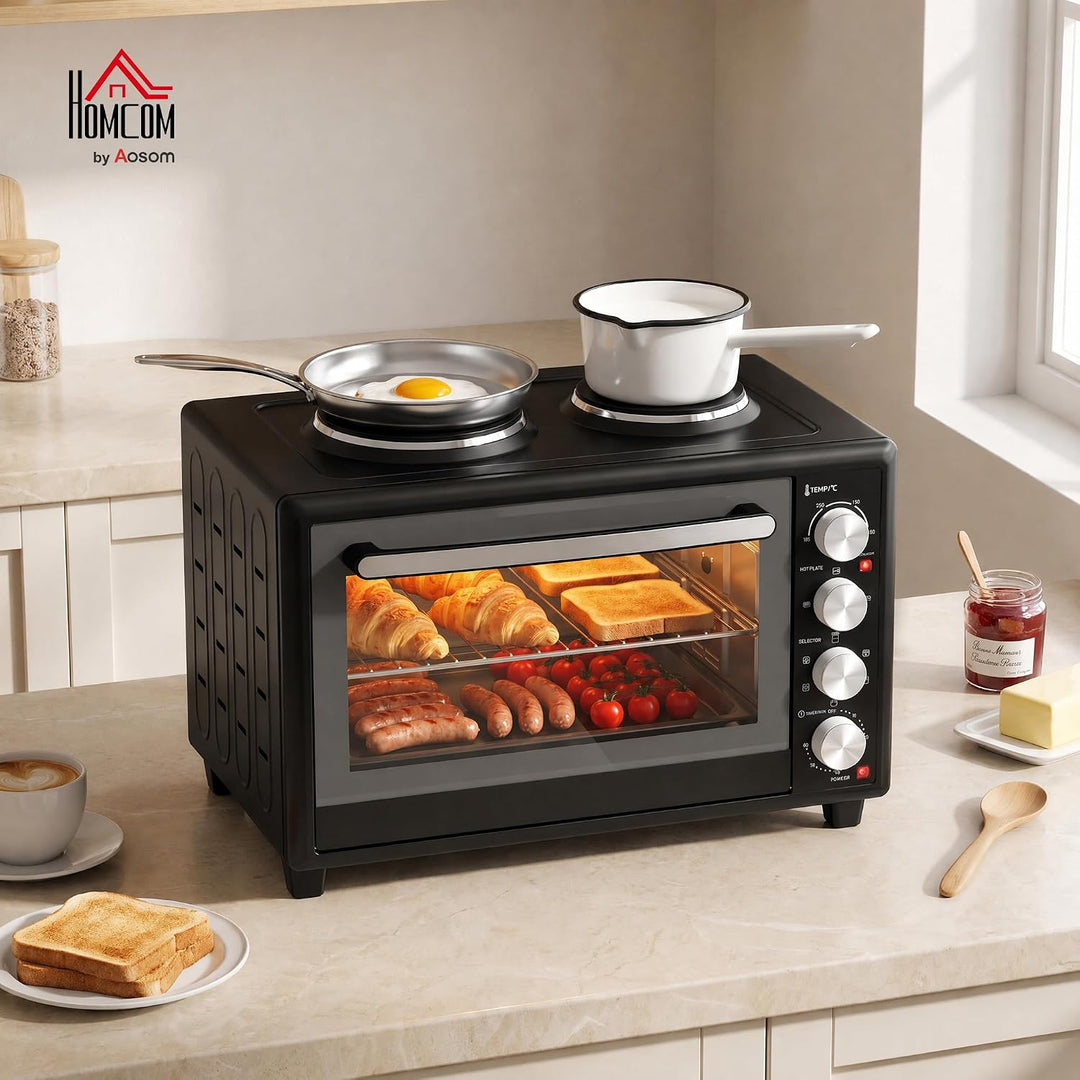 HOMCOM Mini Backofen mit Umluft 2 Kochplatten und Drehspiess, 36L, 90-230℃