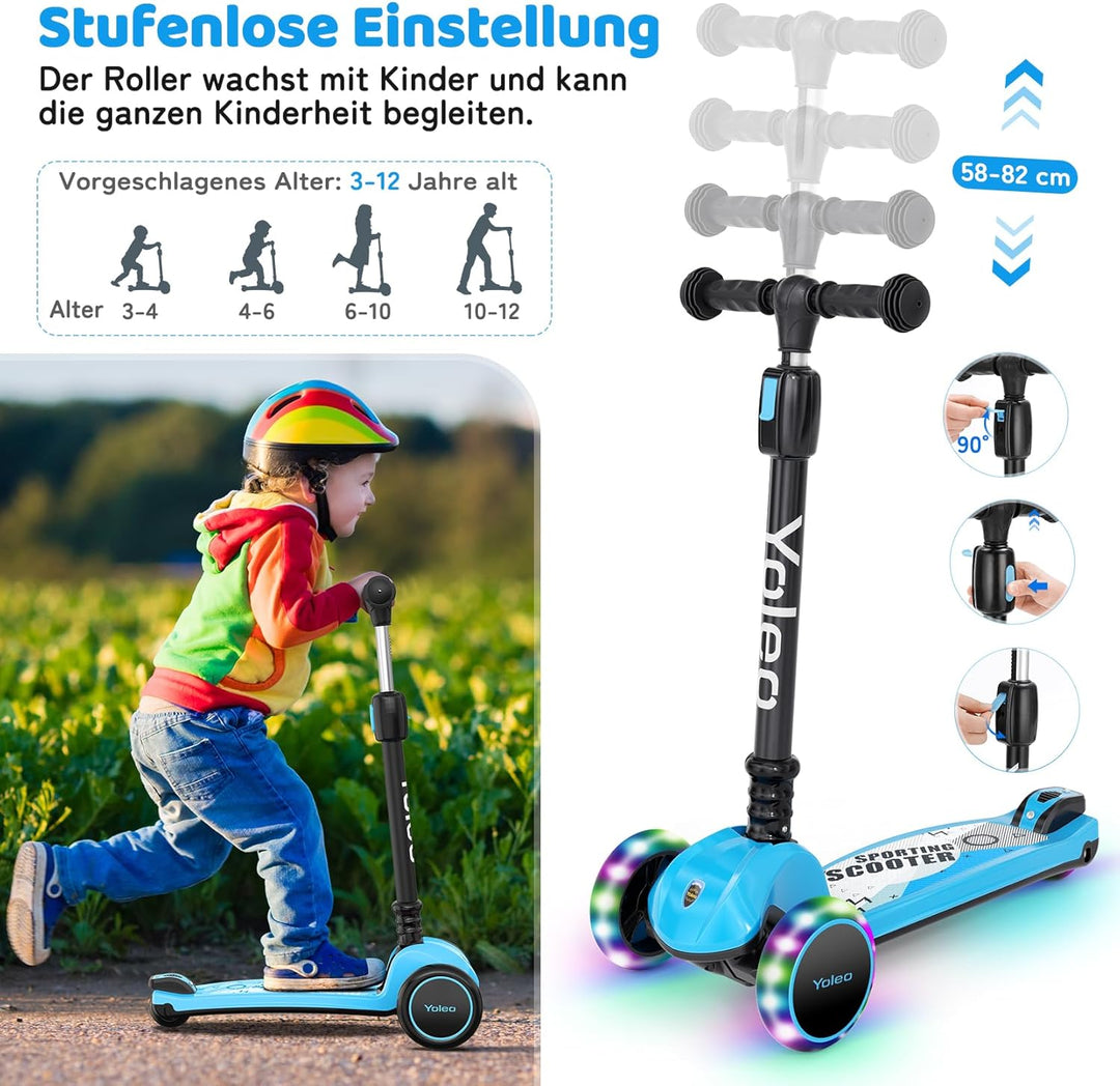 YOLEO Kinderoller Kinderscooter Dreiradscooter mit LED Räder, 2-Rädern Hinterbremsen,4 Höhenverstell