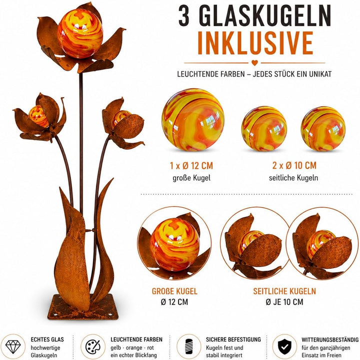 Terma XXL Blume Juna 110 cm mit Glaskugel Gartenstecker, Gartenfigur gross, Metallfigur Garten, Xxl