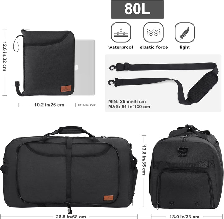 Vogshow Reisetasche grosse Faltbare 80L, Weekender Übernachtungstasche Seesack wasserdicht Sporttasc