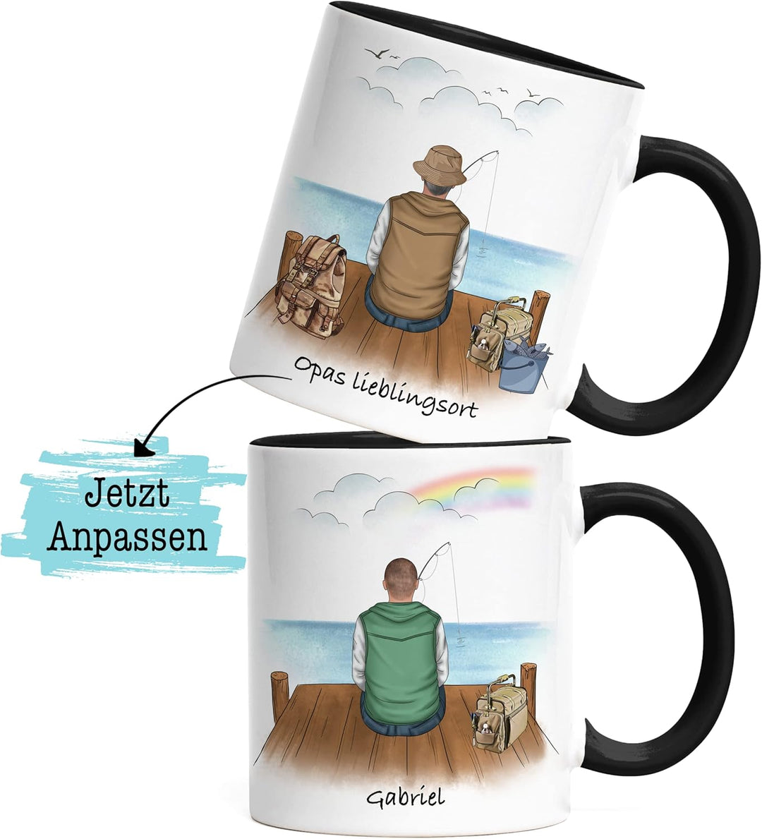 Angler Tasse Schwarz Personalisiert Individuell mit Name Angeln Fischen Geschenk Opa Vater zum Vater
