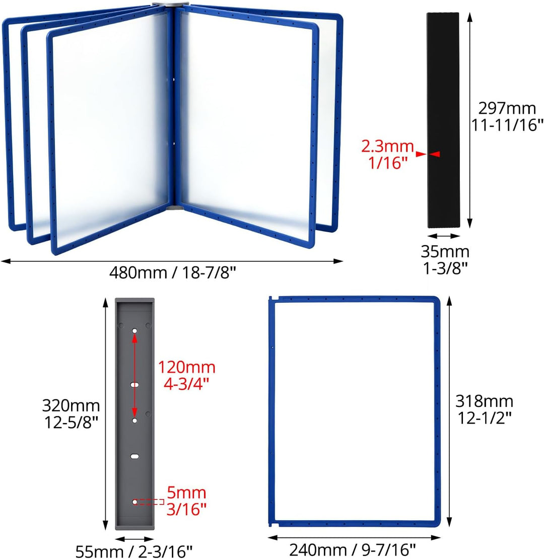 QWORK® Magnetischer Wand Sichttafelsystem mit 5 Sichttafeln A4 in Blau für Messehallen, Restaurants,
