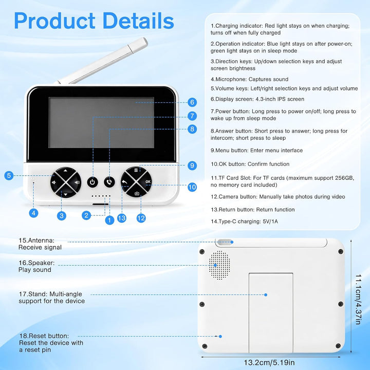 Drahtlose Video Türklingel mit Kamera Outdoor - IP65 Wasserdicht 1080P HD - 4,3 Zoll IPS Bildschirm