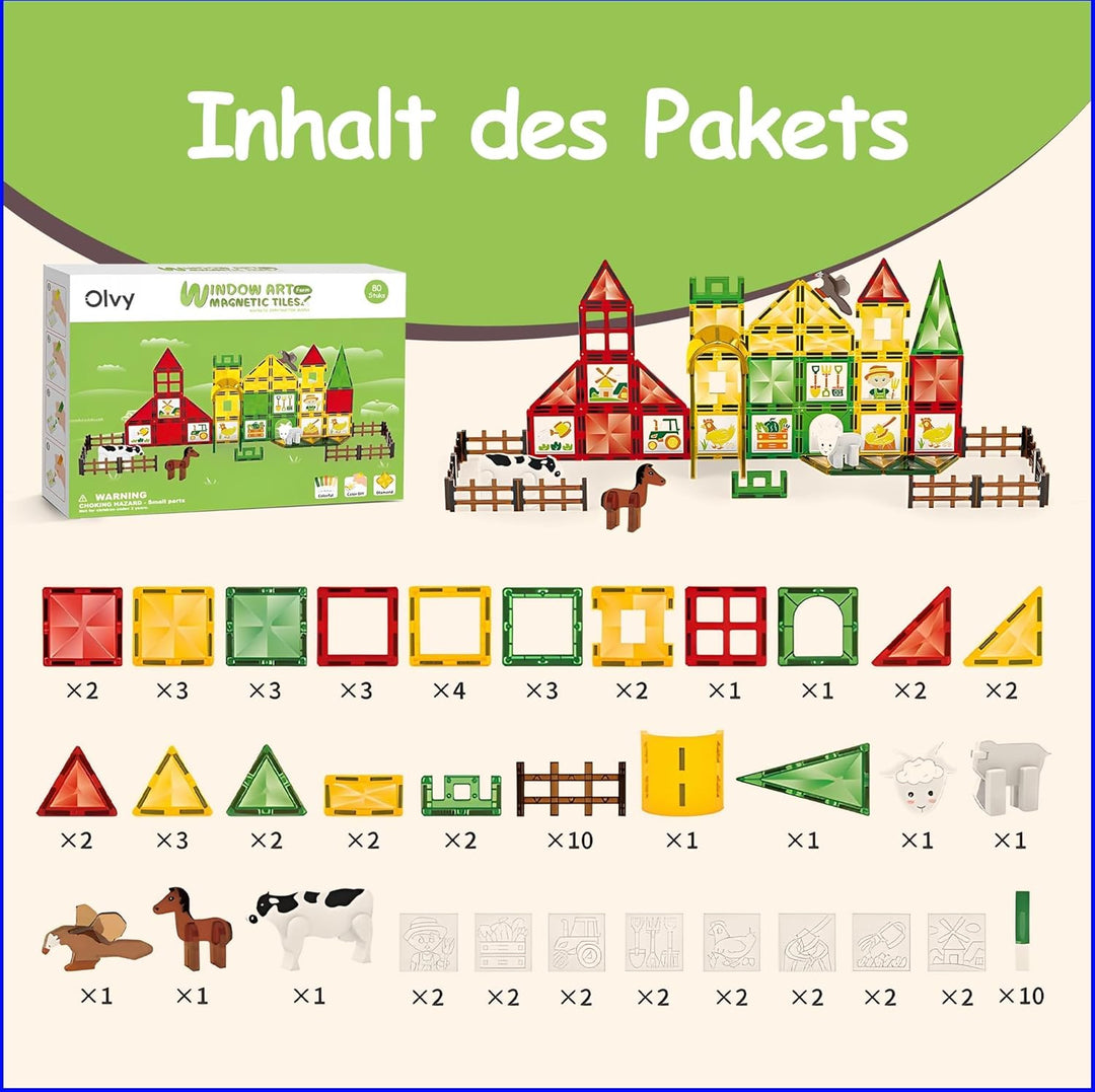 Olvy Magnetische Bausteine Montessori Spielzeug - 80 Magnetic Tiles Kinder - Magnetisches Konstrukti