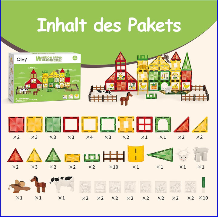 Olvy Magnetische Bausteine Montessori Spielzeug - 80 Magnetic Tiles Kinder - Magnetisches Konstrukti