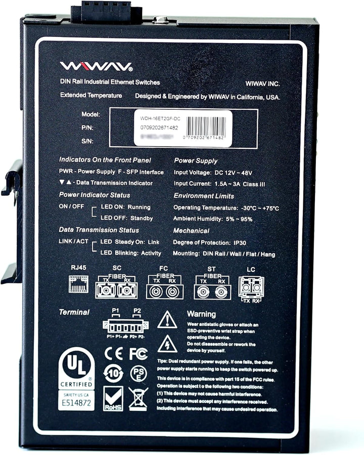 WIWAV WDH-16ET2GF-DC 10/100Mbps Nicht verwaltete 18-Port-Gigabit-Industrie-Ethernet-Switches mit DIN