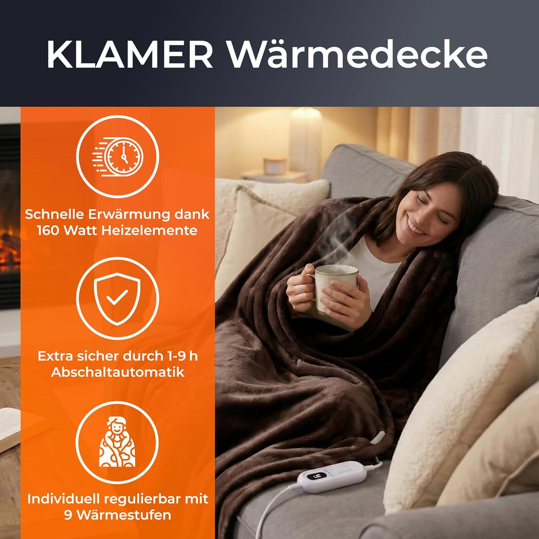 KLAMER Heizdecke mit Abschaltautomatik, 180x130 cm, waschbare Wärmedecke, 9 Temperaturstufen, elektr