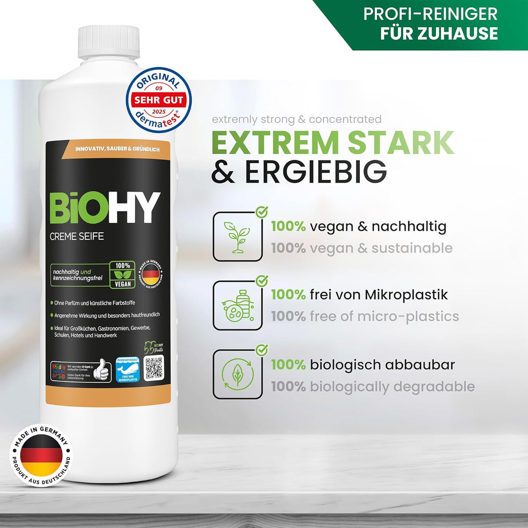 BiOHY Creme Seife (12 x 1 Liter) + Pumpspender | Hautschonende, rückfettende & geruchsneutrale Hands