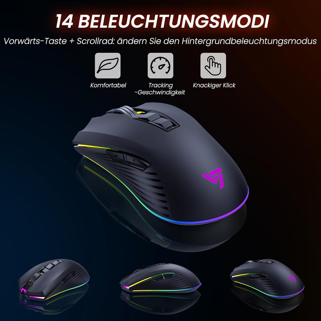 RisoPhy Gaming Tastatur Maus Set Kabellos, QWERTZ, Metallplatte, 7 Farben Beleuchtet, Wiederaufladba